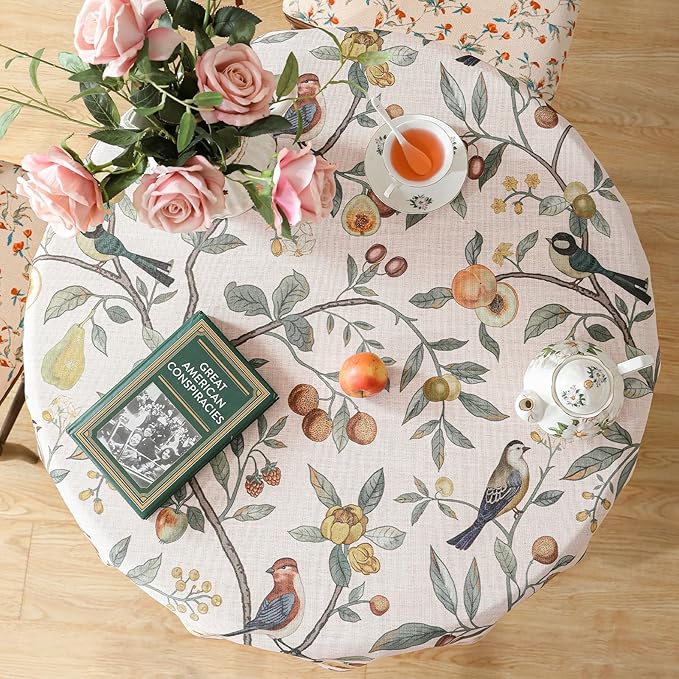Linen 67 Inch Round Tablecloth,Wrinkle Resistant French Pink Tablecloth Print with Froal,Decor Stitch Table Cloth for Thanksgiving,Dining Room,Home,Kitchen Diameter 67"-Dewey A