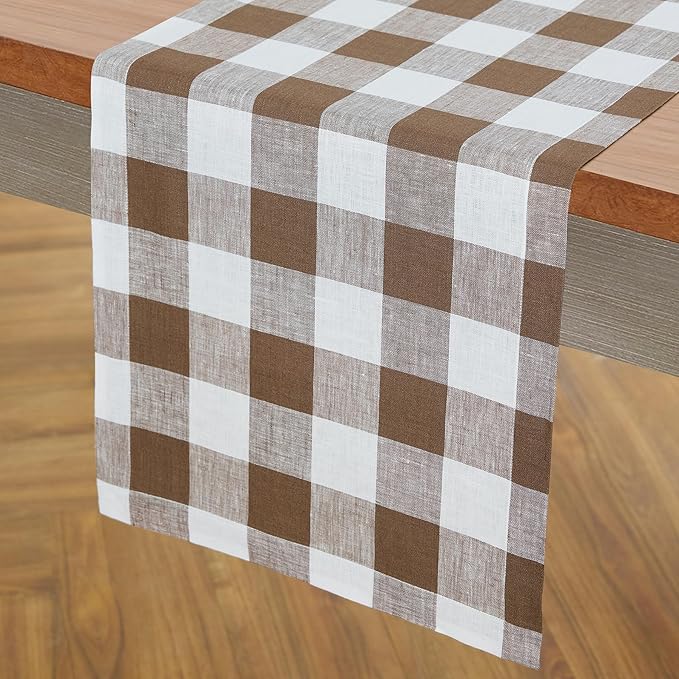 Solino Home Table Runners 90 Inches Long - 100% Pure Linen Buffalo Check Coco Brown and White Table Runner 14 x 90 Inch Ideal for Dining