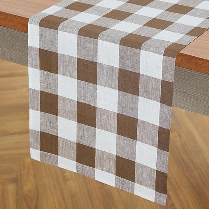 Solino Home Table Runner 120 Inches Long - 100% Pure Linen Buffalo Check Coco Brown and White Table Runner 14 x 120 Inch Ideal for Dining