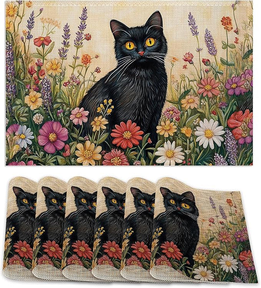 Black Cat Placemats Set of 6,Color Flower Waterproof Non-Slip Washable Table Mats for Kitchen Dining Holiday Party Wedding Decor 12x18 Inch