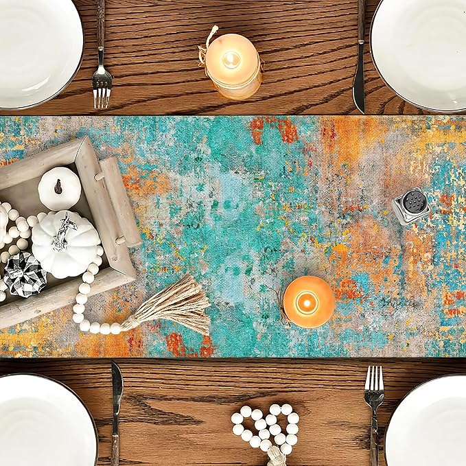 OYIMUA Modern Abstract Teal Yellow Colorful Table Runner 13 x 72 Inches Summer Runners for Tables Rustic Spring Fall Decorations for Home Indoor Outdoor Table Decor