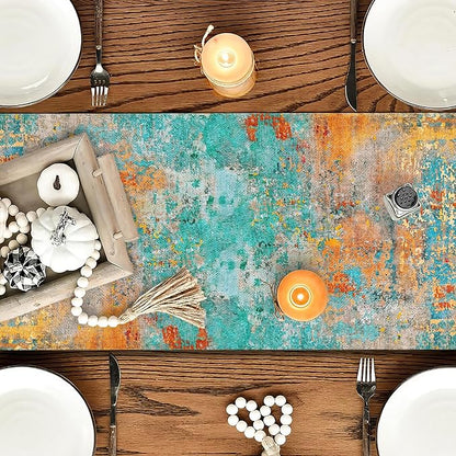 OYIMUA Modern Abstract Teal Yellow Colorful Table Runner 13 x 90 Inches Summer Runners for Tables Rustic Spring Fall Decorations for Home Indoor Outdoor Table Decor