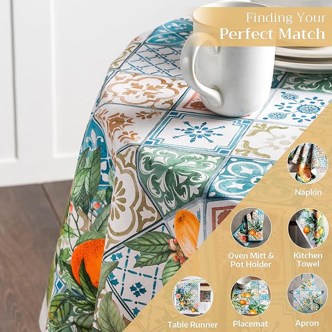 Maison d' Hermine Table Cloth Round Table 100% Cotton 63 Inches Tablecloth Reusable Decorative Everyday Use for Dining Room, Farmhouse, Home, Party, Festive & Wedding Spring Summer - Agrume
