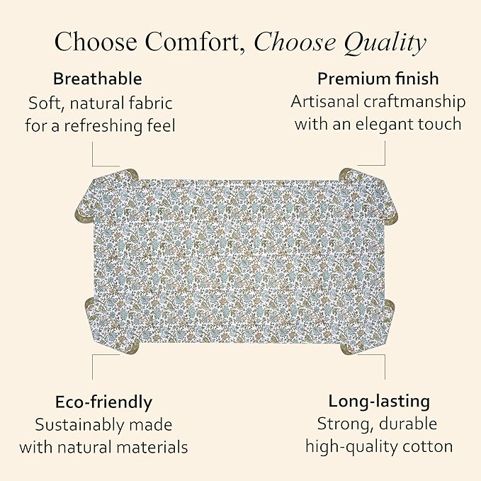 CPC Tablecloth 100% Cotton 70x108 Inch Indian Block Print Rectangle Table Cover, Blue Table Cloth for Weddings, Spring/Summer, Barbeque - Harvest Bloom