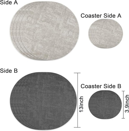 13-Inch Faux Leather Round Placemats Set of 4, Waterproof Anti-Slip Dual Sided Place mats, Heat Resistant Washable Table Mats with Coaster, Suitable for Indoor & Outdoor (4, Black Light Gray)