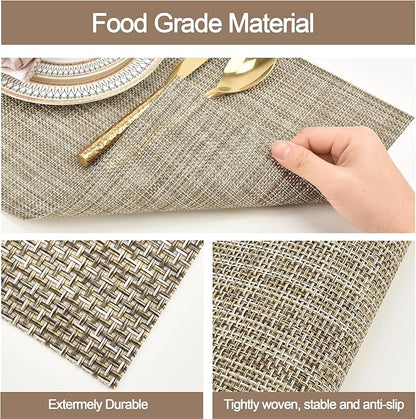 SLKQG Placemats Set of 4 - Easy Clean Washable Vinyl Placemats - Wipeable Heat Resistant Table Mats for Dining Table - 17.7x11.8 Inch (4, Gray & Gold Two-Tone)