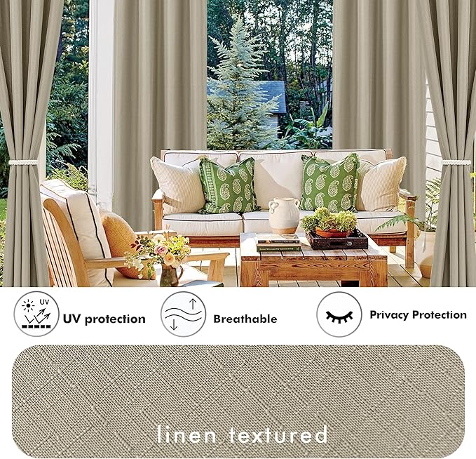 Linen Outdoor Curtains for Patio Waterproof 4 Pcs 54x120 In Taupe | Light - Image 3