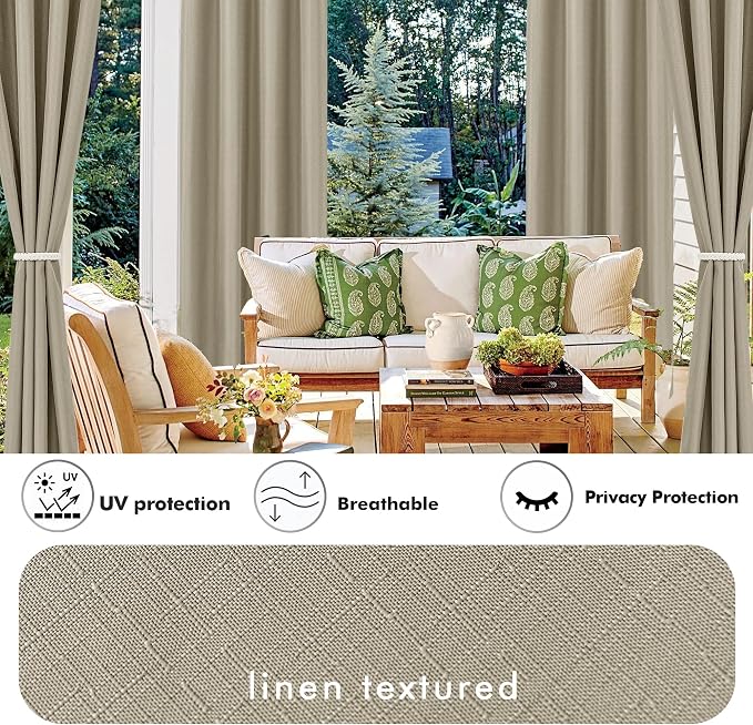 Linen Outdoor Curtains for Patio Waterproof 4 Pcs 54x84 In Taupe | Light - Image 3