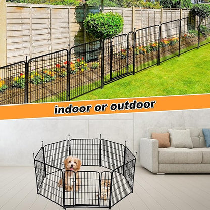 Garden Fence with Gate 48 in(H)×27 in(L) 4 Panels, Heavy Duty Iron Animal Barrier Fence, Rabbit Fence for Garden, Suitable for Indoor Pet Or Outdoor Dog Fencing, Total 8.9 Ft(L), Black