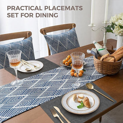Vinyl Placemats Set of 4, Faux Leather Waterproof and Heat Resistant Place Mats, Washable Anti-Slip Table Mats with Coaster, Wipeable Placemats for Indoor & Outdoor 17" x 12" (Black, Set of 4)