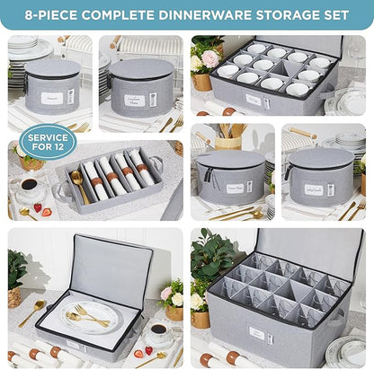 China Storage Hard Shell Containers 8-Piece Set Moving Boxes for Dinnerware, Glasses, Plates, Mugs and Saucers Sturdy Dish Organizer with Dividers for Seasonal Storage - Service for 12 - Gray