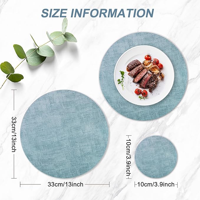 Round Faux Leather Placemats and Coasters, Set of 6, Reversible Heat Resistant Non-Slip Table Mats, Waterproof Wipeable Place Mats for Dining Table, Washable for Indoor & Outdoor (6, Blue)
