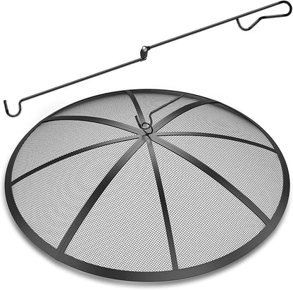 Fire Pit Spark Screen, 40Inch Fire Pit Lid Outdoor with Handle & Poker, Heavy-Duty Mesh Firepit Cove with 12 Reinforced Bars for Backyard/Beach/RV Camping