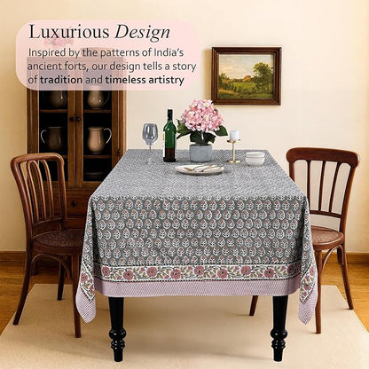 CPC Tablecloth 100% Cotton 70x118 Inch Indian Block Print Rectangle Table Cover, Table Cloth for Weddings, Spring/Summer, Barbeque - Labra Gray