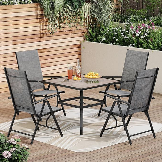 PHI VILLA 5-Piece Patio Dining Set with Umbrella Hole, Patio Table and Chairs Set with Square Wooden-Like Table & Folding Patio Chairs (Grey)