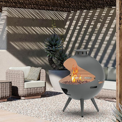 24-Inch Chimenea Outdoor Gas Fireplace, 55,000 BTU Propane Fire Pit with Lava Rocks and Rain Cover, Hemispherical 3-Legged Firepit, Gray