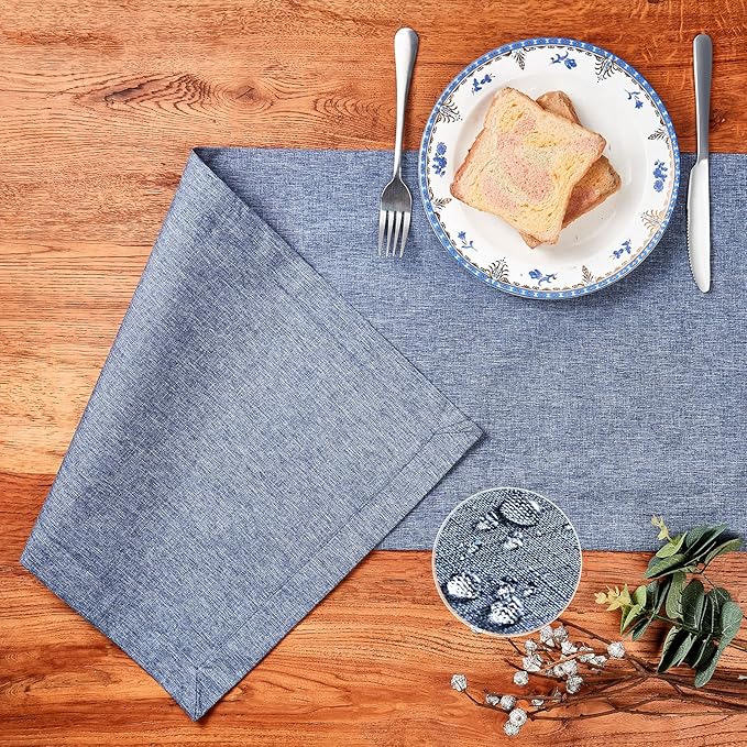 Mebakuk Linen Farmhouse Table Runner Large Burlap Style Soft and Waterproof Decorative Fabric Runner for Outdoor Wedding and Dinner (14 x 90 Inch, Denim Blue)