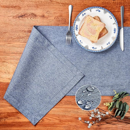Mebakuk Linen Farmhouse Table Runner Large Burlap Style Soft and Waterproof Decorative Fabric Runner for Outdoor Wedding and Dinner (14 x 90 Inch, Denim Blue)