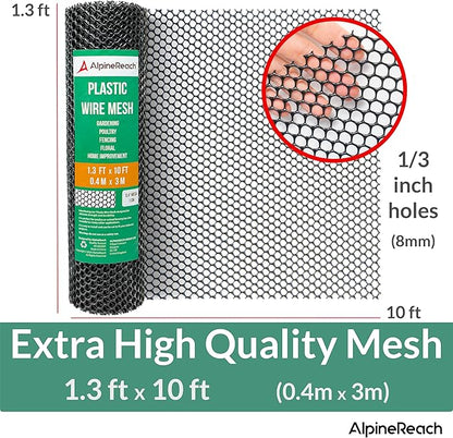 AlpineReach Plastic Wire Mesh 1.3ft x 10ft (15.7" x 120") Fence Roll with Zip Ties - Ideal for Poultry, Dogs, Rabbit Barrier & Gardening, Durable Chicken Mesh, Versatile Rigid Fencing & Netting, Black