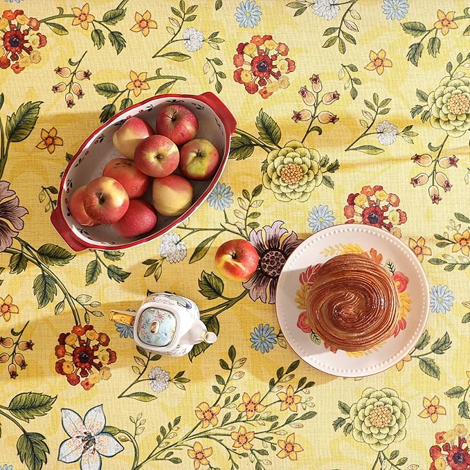 Vintage Linen Tablecloth for Rectangle Table,Yellow Floral French Wrinkle Free Tablecloths,Decorative Table Cover for Kitchen,Dining,Thanksgiving,Party,Farmhouse,55" × 87"-Bellano