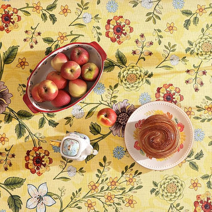 Vintage Linen Small Tablecloth for Round Table,Yellow Floral French Wrinkle Free Tablecloths,Decorative Table Cover for Kitchen,Dining,Thanksgiving,Farmhouse,Diameter 55"-Bellano