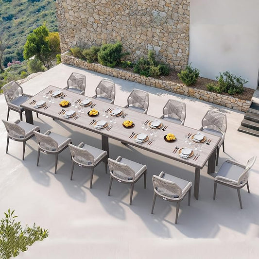 PURPLE LEAF 13 Pieces Patio Dining Set Aluminum Rectangular Table and Wicker Chairs with Cushions for Kitchen Porch Garden Modern Outdoor Furniture Sets, Light Grey