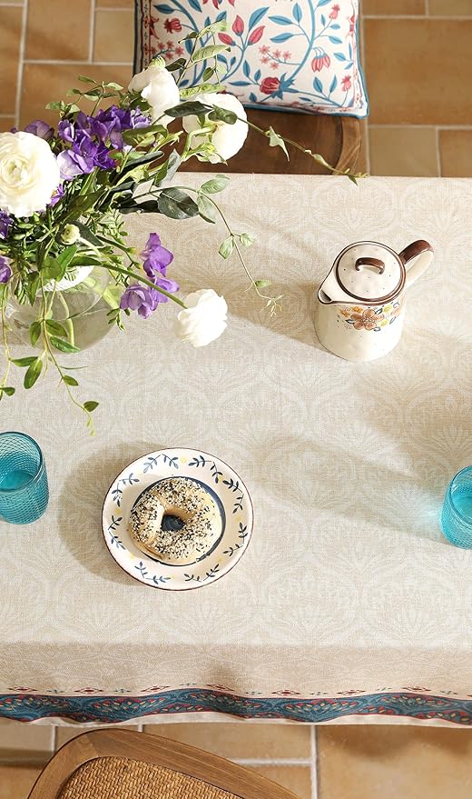 Vintage Beige Linen Rectangle Tablecloth,Paisley Farmhouse Feather Floral Pattern Table Cloth,Decor Table Cover for Kitchen,Dining,Thanksgiving,Christmas,55"*79"-Dorodango F