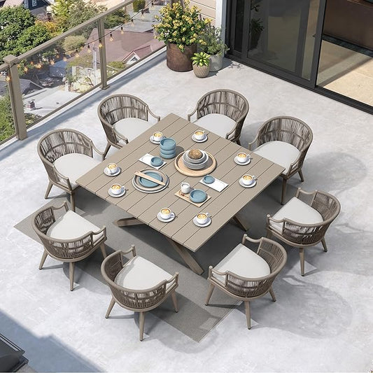 PURPLE LEAF 9 Pieces Outdoor Dining Set All Weather Wicker Patio Dining Set with Square Aluminum Table and Modern Armrest Dining Chairs for Garden Deck Backyard Kitchen, Champagne