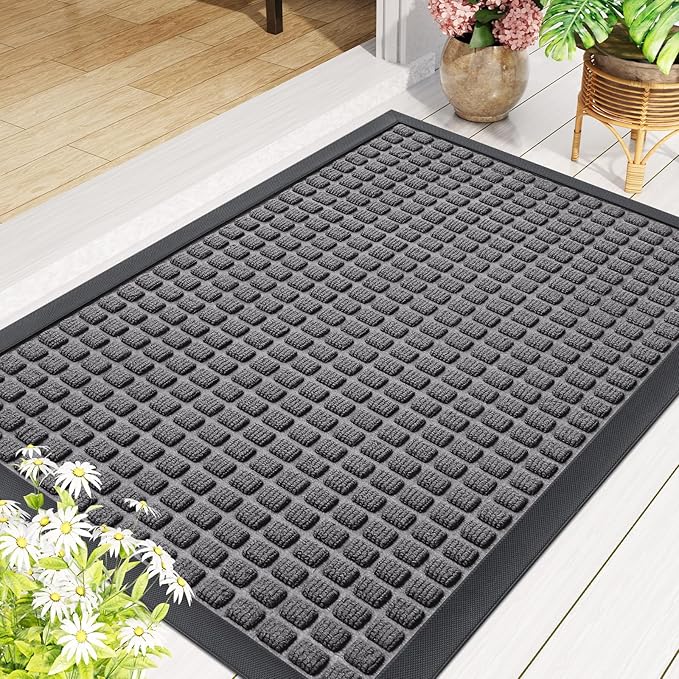 Smiry Front Door Mat Outside Entrance, Heavy Duty Natural Rubber Doormat, Non Slip, Trap Dirt and Moisture, Easy Clean, Low Profile Welcome Floor Mats for Indoor Outdoor Entry, 59x34 Inch, Mix Grey