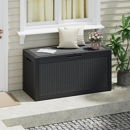 NUNU LAB 102 Gallon Large Waterproof Resin Deck Box, Lockable Outdoor Storage Box with Gas Lift, Patio Cushions, Garden Tools, Pool Supplies, Indoor Outdoor Storage Container, Black