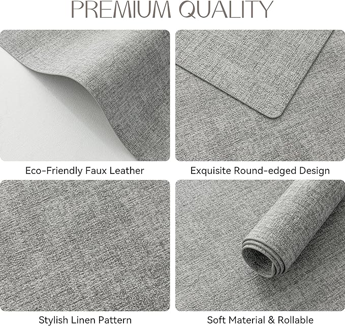 Romanstile Vinyl Placemats Set of 6-12 X 17 Inch - Heat Resistant Place Mats 100% Waterproof Oilproof Wipeable Reversible Faux Leather Table Mats for Kitchen, Dining, Party, Outdoor, Light Grey