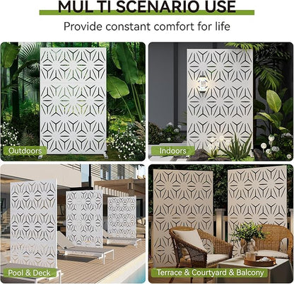 Heavy-Duty Outdoor Privacy Screen for Patio, Balcony, Backyard - 72" H * 44" W Metal Room Divider with Modern Geometric Pattern, Anti-Tipping Kit, Weather Resistant, Easy Assembly (White-SJX)