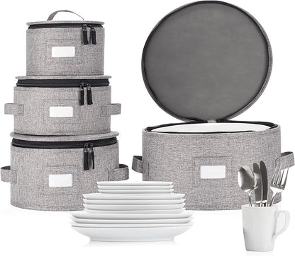 Set of 4 China Storage Cases for Dinnerware - Hard Shell and Stackable - Sizes: 12" - 10" - 8.5" and 7" W - 48 Plate Separators Included