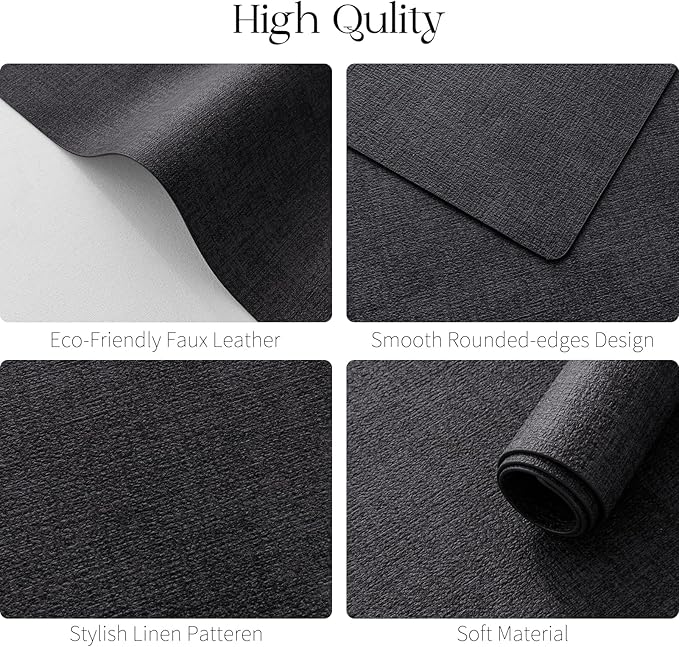 MOSAYT Placemats Set of 4, Heat Resistant Vinyl Place Mats with Coasters, 100% Waterproof Wipeable Washable Faux Leather Table Mats for Kitchen Dining Party Indoor Outdoor, 12" x 17", Black