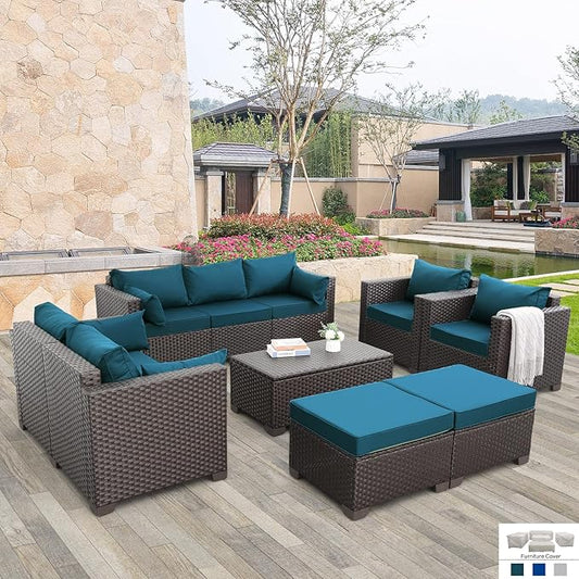 Patio Furniture Set 7-Piece Outdoor Patio Furniture with Storage Table Outdoor Couch Patio Chairs Outdoor Conversation Set with Non-Slip Cushions Waterproof Covers, Peacock Blue