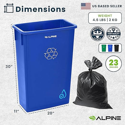 Alpine 23 Gallon Slim Recycling & Trash Bin Set – 3-Pack Blue/Black/Green Plastic Narrow Open-Top Garbage Cans for Office, Home, School & Commercial Use