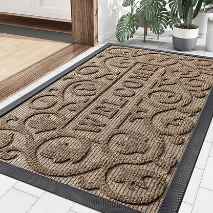 Smiry Welcome Door Mat Outside Entrance, Heavy Duty Trap Dirt and Moisture Easy Clean Low Profile Patio Porch Indoor Outdoor Front Doormat for Entry, 36x24 Inch, Brown