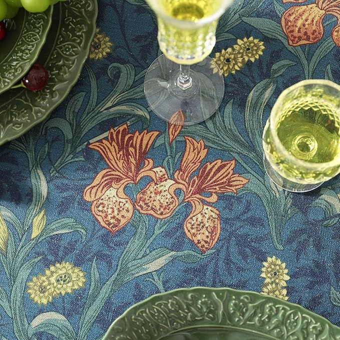 patdrea Designer Vintage Dark Blue Linen Rectangle Tablecloth,French Rustic Floral Pattern Tablecloths,Decorative Table Cover Cloth for Kitchen,Dining,Tea Party,Home,Christmas,63"*94"