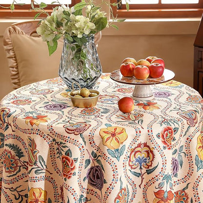Vintage French Round Tablecloth,Linen Extra Long Tablecloth with Rose and Cornflower Pattern,Decorative Table Cover for Kitchen,Dining,Thanksgiving,Party,Diameter 55"-Lanae