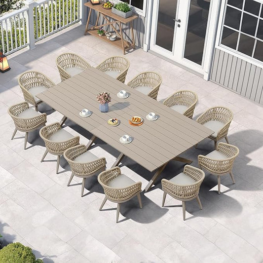 PURPLE LEAF 14 Pieces Outdoor Dining Set All-Weather PE Rattan Outdoor Patio Furniture Set with All Aluminum Frame Rectangular Table and Chairs Set for Lawn Garden Backyard Deck, Champagne
