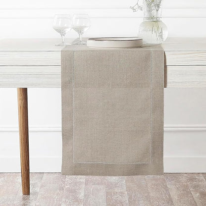 D'Moksha Homes Linen Natural Table Runner 72 Inches Long - 100% Pure Linen Hemstitch Table Runner 14 x 72 Inch for Dresser, Dining, Valentines, Spring, Easter - Classic Hemstitch