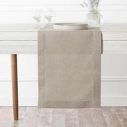 D'Moksha Homes Linen Natural Table Runner 144 Inches Long - 100% Pure Linen Extra Long Table Runner 14 x 144 Inch for Valentines, Spring, Easter - Classic Hemstitch