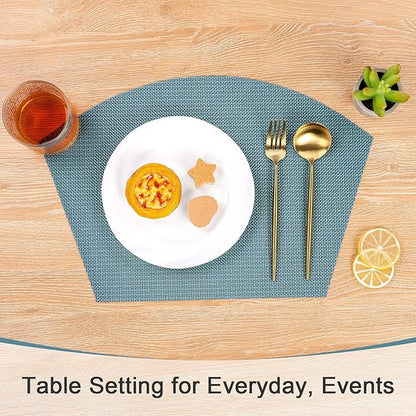 SHACOS Round Table Placemats Set of 4 Small Wedge Placemat Wipe Clean Heat Resistant Woven Vinyl Round Table Mats (4, Gray Blue)