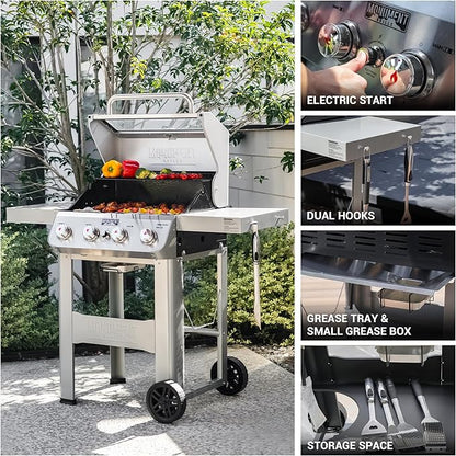 Monument Grills 4-Burner Liquid Propane Gas Grill, Silver Stainless Steel Grill Patio Garden Barbecue Grill with Clearview® Lid and One Foldable Shelf, Mesa400MF with BBQ Cover