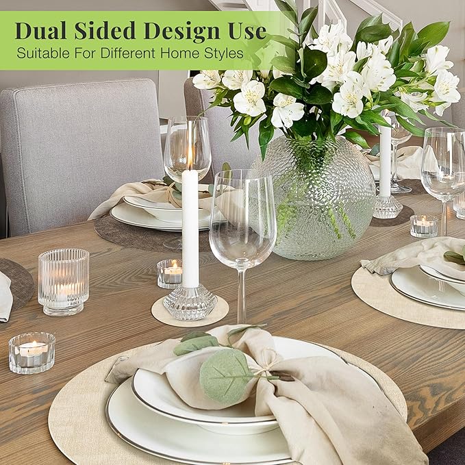 13-Inch Faux Leather Round Placemats Set of 8, Waterproof Anti-Slip Dual Sided Place mats, Heat Resistant Washable Table Mats with Coaster, Suitable for Indoor & Outdoor (8, Beige Dark Coffee)