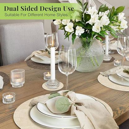 13-Inch Faux Leather Round Placemats Set of 8, Waterproof Anti-Slip Dual Sided Place mats, Heat Resistant Washable Table Mats with Coaster, Suitable for Indoor & Outdoor (8, Beige Dark Coffee)
