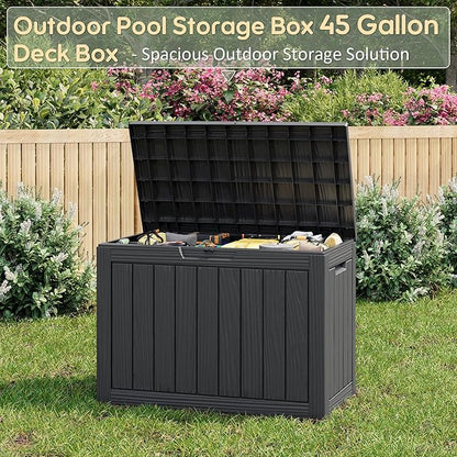 NUNU LAB Outdoor Storage Box, 45 Gallon Outside Deck Box Waterproof, Resin Outdoor Storage Cabinet With Lockable Lid, Backyard Storage Bench For Garden Tools, Patio Cushions, Pool Tools, Black