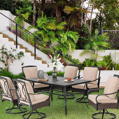 PHI VILLA Outdoor Dining Set for 6, All-Weather Patio Table and Chairs Set for 6, Heavy Duty Rectangle Patio Metal Table Set for Deck, 6 Extra Large Outdoor Swivel Chairs with Thick Cushions