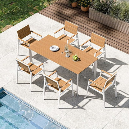 Outdoor Patio Dining Set for 6, Aluminum 7 Piece HDPS Patio Table and Chairs Set with Umbrella Hole, Modern Rectangular Patio Furniture Set with All-Weather Table & 6 Chairs (White & Teak)