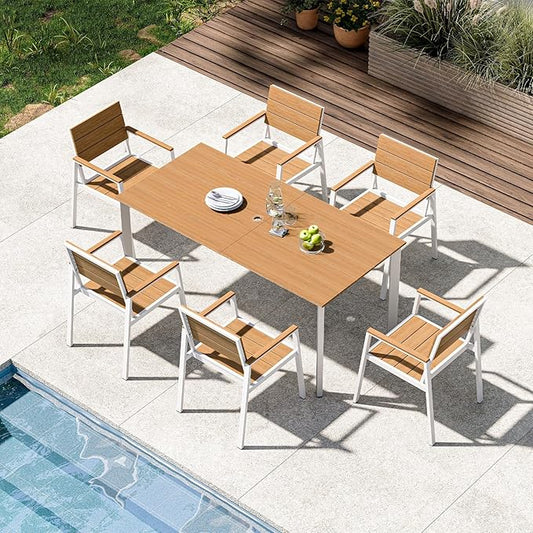 Outdoor Patio Dining Set for 6, Aluminum 7 Piece HDPS Patio Table and Chairs Set with Umbrella Hole, Modern Rectangular Patio Furniture Set with All-Weather Table & 6 Chairs (White & Teak)